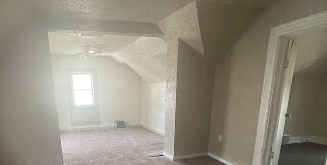 additional living space with vaulted ceiling, light colored carpet, and a textured ceiling