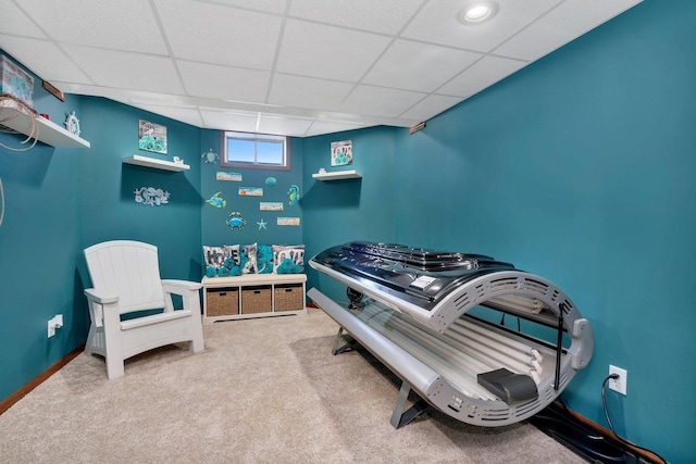 bedroom featuring a drop ceiling and carpet