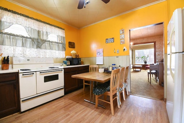 kitchen featuring ornamental molding, dark brown cabinets, white appliances, and light wood-type flooring