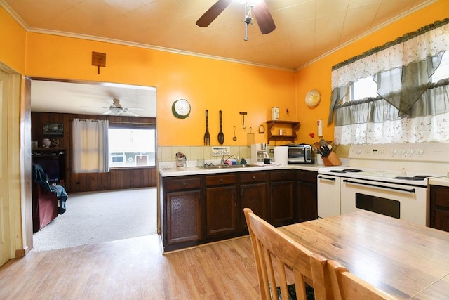 kitchen with sink, crown molding, ceiling fan, double oven range, and dark brown cabinetry