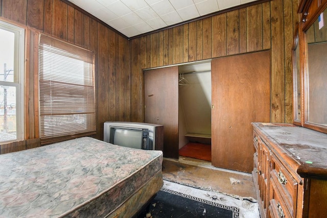 bedroom with wooden walls and a closet