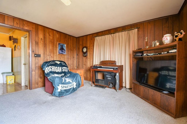 living area featuring wooden walls and carpet floors