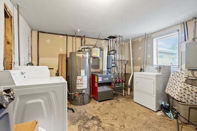 laundry room with separate washer and dryer, gas water heater, and electric panel