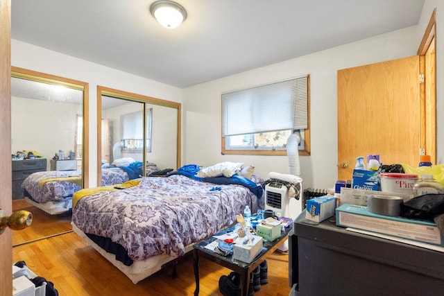 bedroom featuring multiple closets and wood-type flooring