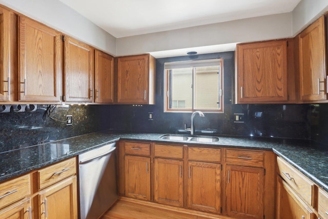 kitchen featuring sink, stainless steel dishwasher, backsplash, and dark stone counters