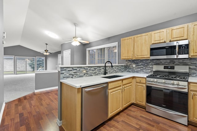 kitchen featuring vaulted ceiling, stainless steel appliances, kitchen peninsula, and sink