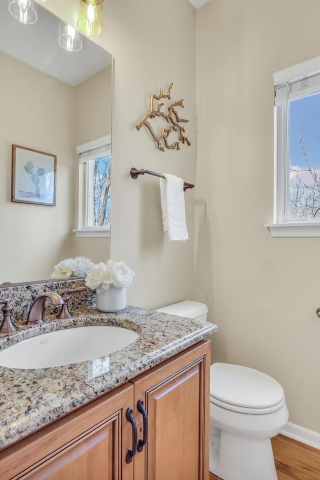 bathroom with hardwood / wood-style flooring, vanity, and toilet