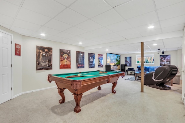 playroom featuring a paneled ceiling, carpet flooring, and pool table