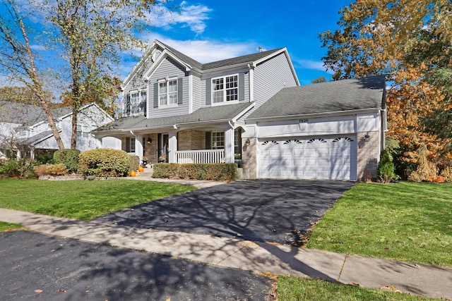 view of front property featuring a porch, a garage, and a front lawn