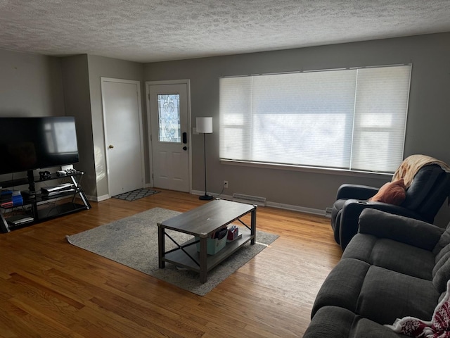 living room with light hardwood / wood-style floors and a textured ceiling