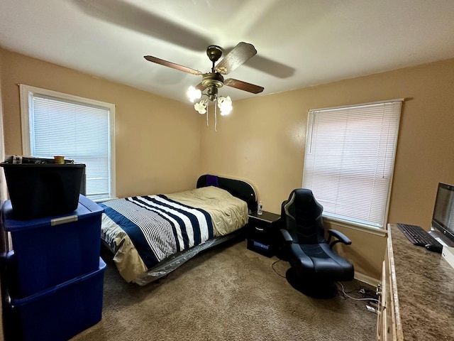 bedroom featuring carpet flooring and ceiling fan