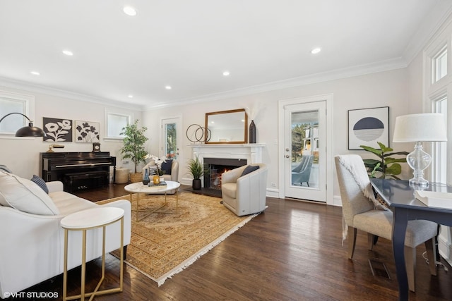 living room with crown molding and dark wood-type flooring