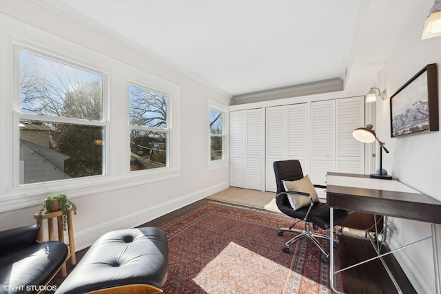 home office with crown molding