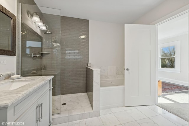 bathroom with vanity and plus walk in shower