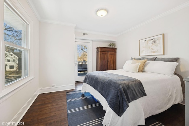 bedroom with crown molding, access to outside, and dark hardwood / wood-style floors