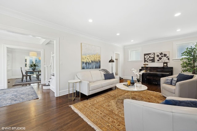 living room featuring ornamental molding and dark wood-type flooring