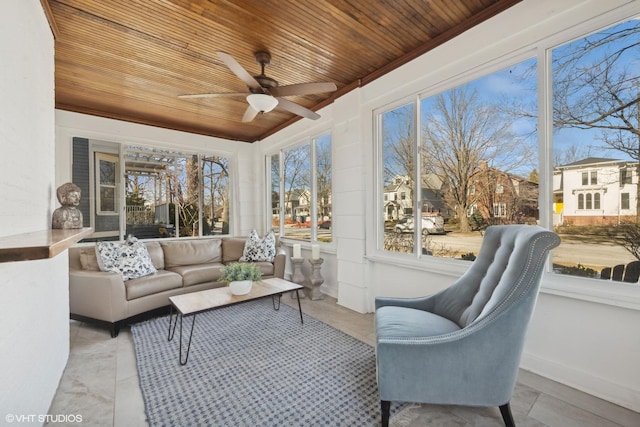 sunroom featuring wooden ceiling and ceiling fan