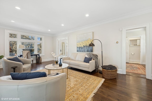 living room featuring crown molding and dark wood-type flooring