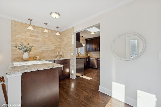 kitchen featuring dark wood-type flooring, dark brown cabinetry, light stone countertops, decorative light fixtures, and stainless steel dishwasher