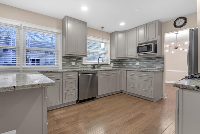 kitchen with appliances with stainless steel finishes, decorative light fixtures, sink, gray cabinetry, and decorative backsplash