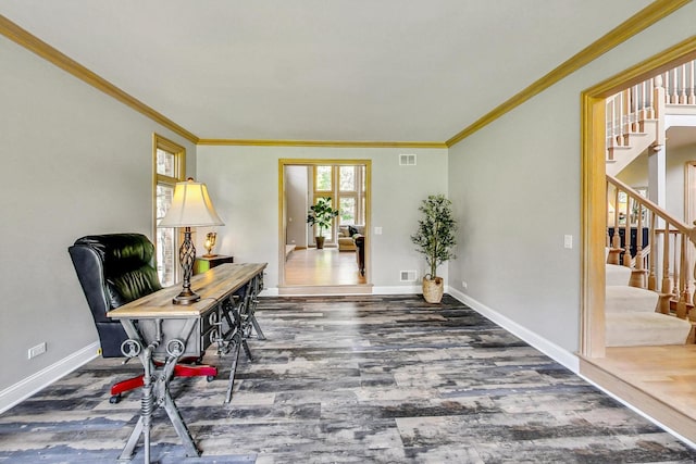 office space with dark hardwood / wood-style flooring and ornamental molding