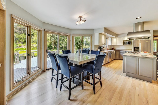 dining area featuring sink and light hardwood / wood-style flooring