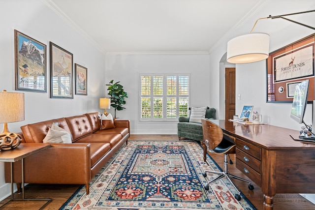 office area with wood-type flooring and ornamental molding