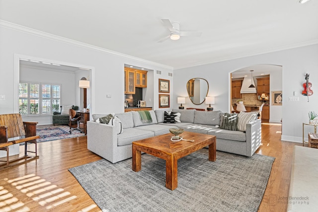 living room featuring crown molding, ceiling fan, and light wood-type flooring