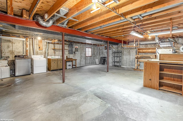 basement with electric panel and washer and clothes dryer