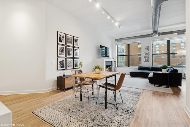 dining space featuring hardwood / wood-style flooring and track lighting