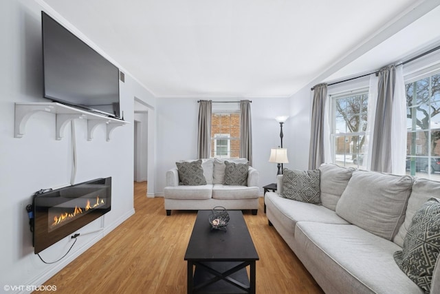 living room featuring a healthy amount of sunlight, light wood-style flooring, baseboards, and a glass covered fireplace