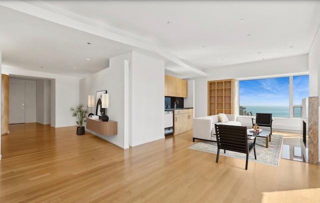 living room with light hardwood / wood-style flooring and a water view