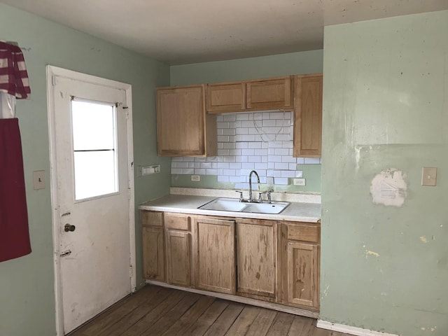 kitchen with sink, backsplash, and dark hardwood / wood-style floors