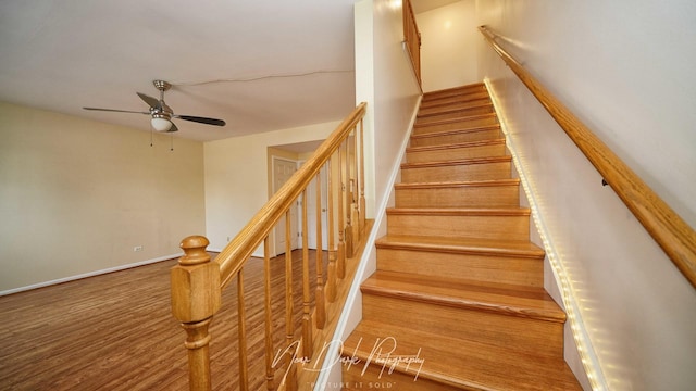 stairs with hardwood / wood-style flooring and ceiling fan