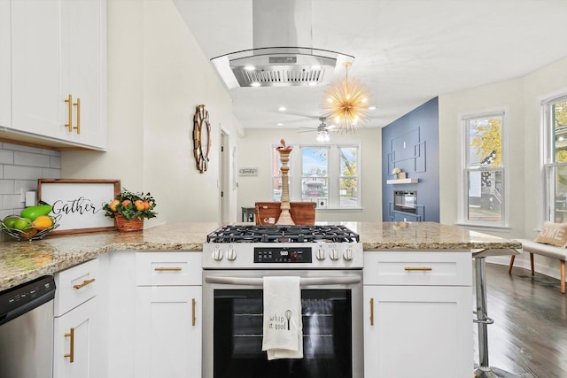 kitchen featuring island exhaust hood, white cabinets, and appliances with stainless steel finishes