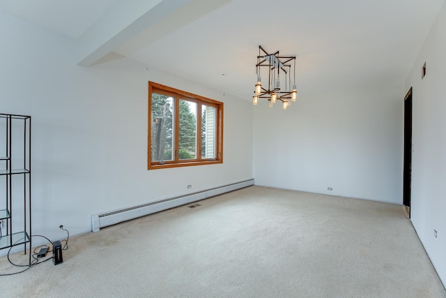 unfurnished room with a chandelier, light colored carpet, and baseboard heating