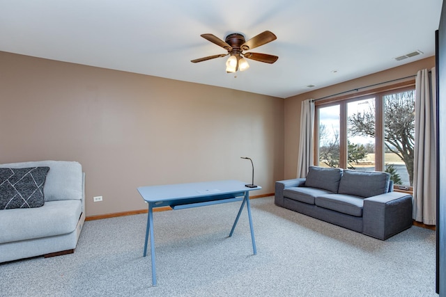 rec room featuring light colored carpet and ceiling fan