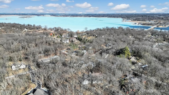 drone / aerial view featuring a water view