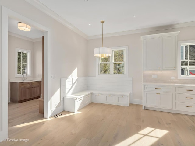 unfurnished dining area with crown molding, plenty of natural light, sink, and light hardwood / wood-style flooring