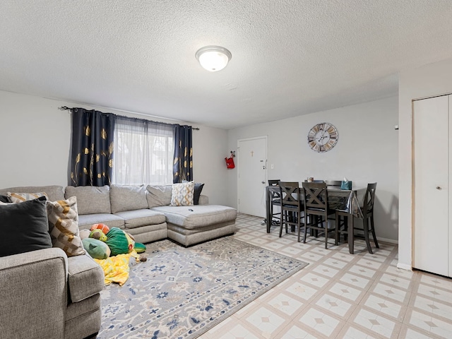 living room featuring a textured ceiling