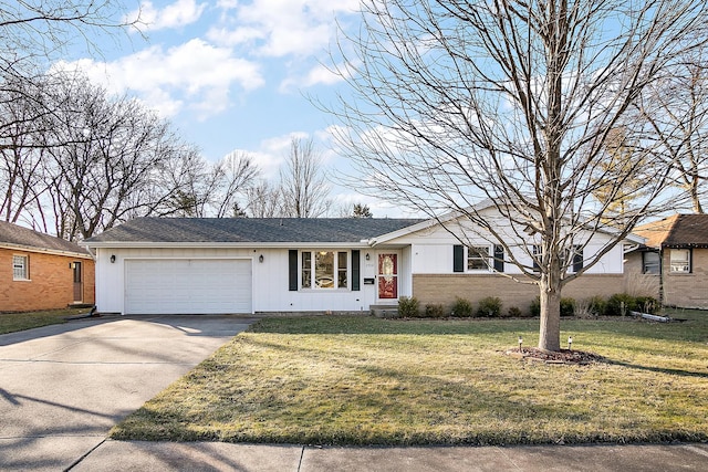 single story home with a garage and a front lawn