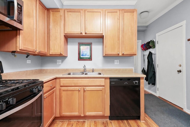 kitchen with crown molding, sink, light brown cabinets, and black appliances