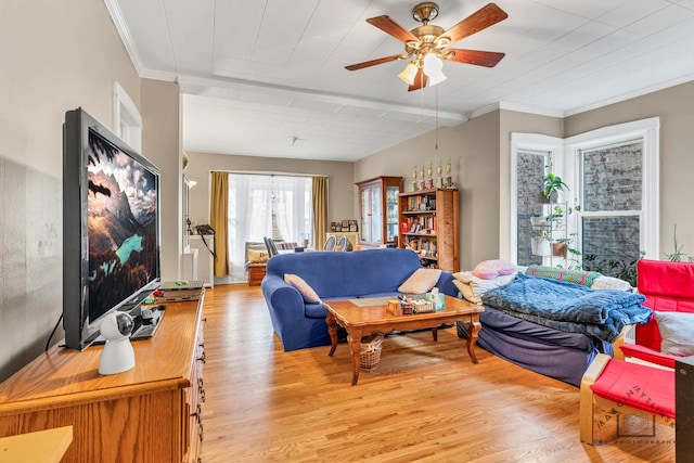 living room with ceiling fan, ornamental molding, and light hardwood / wood-style flooring