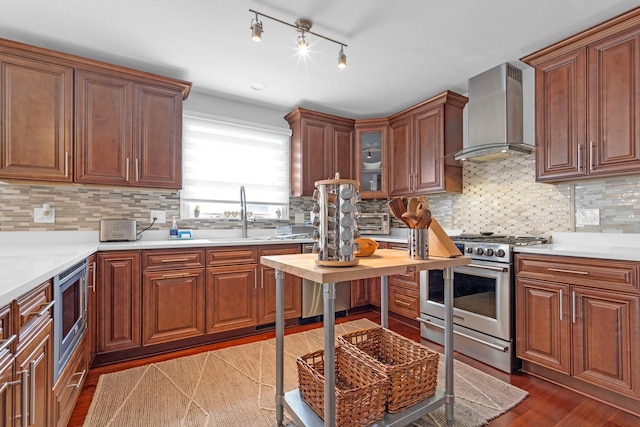 kitchen featuring dark wood-type flooring, wall chimney exhaust hood, sink, appliances with stainless steel finishes, and decorative backsplash