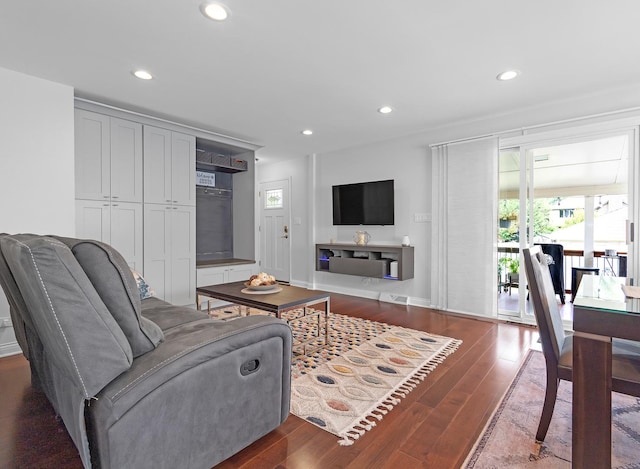 living room featuring dark wood-type flooring