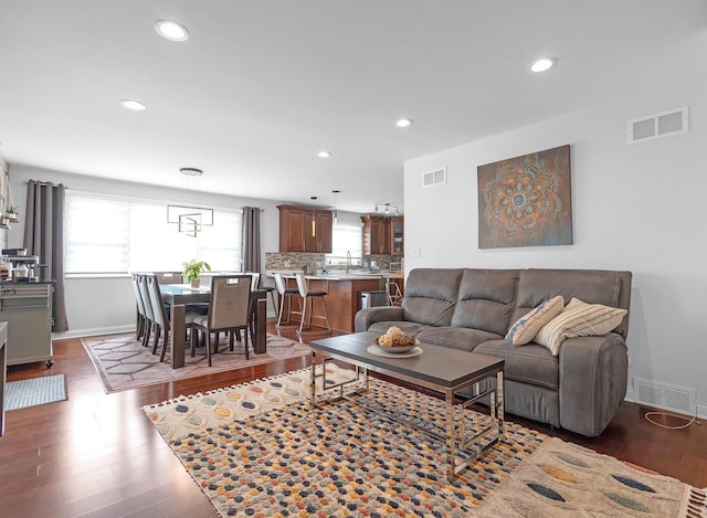 living room featuring dark hardwood / wood-style flooring and sink