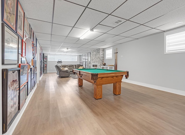 recreation room featuring a drop ceiling, light hardwood / wood-style floors, and billiards