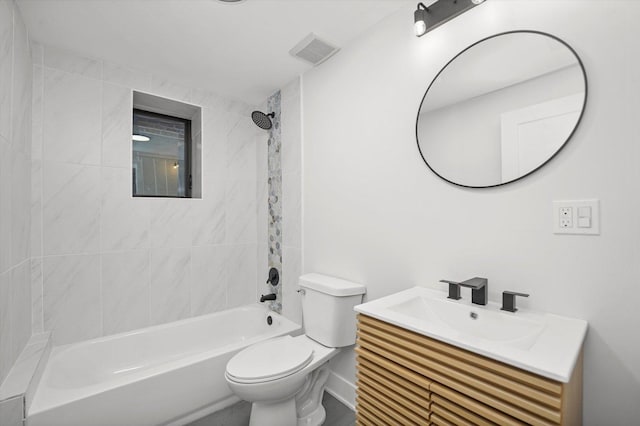 full bath featuring toilet, vanity, visible vents, baseboards, and tub / shower combination