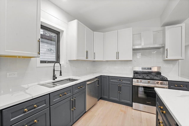 kitchen with appliances with stainless steel finishes, light wood-style floors, white cabinets, a sink, and wall chimney range hood