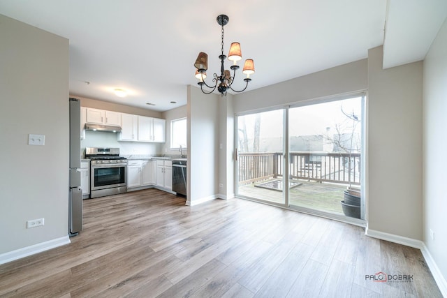 kitchen with white cabinetry, appliances with stainless steel finishes, a notable chandelier, pendant lighting, and light hardwood / wood-style floors